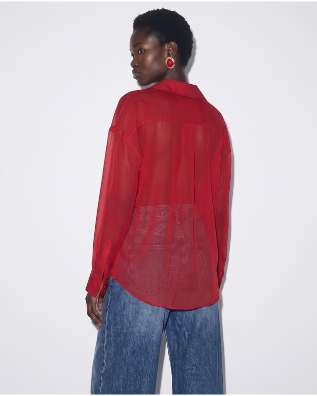 Oversized Sheer Button-Up Shirt red