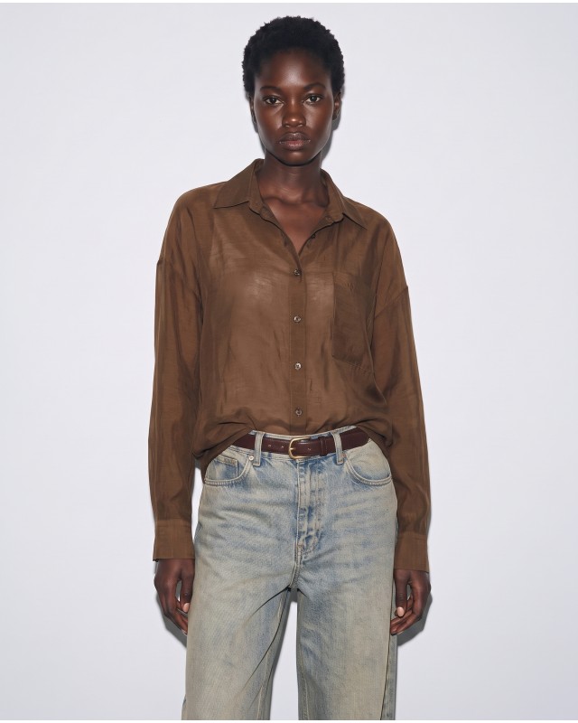 Oversized Sheer Button-Up Shirt brown