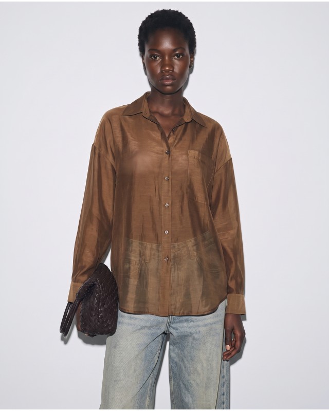 Oversized Sheer Button-Up Shirt brown