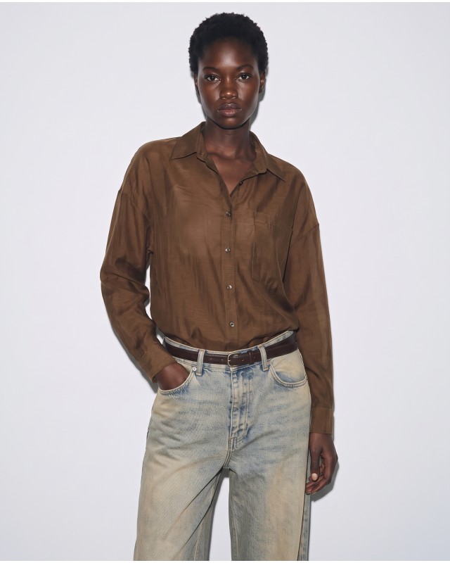 Oversized Sheer Button-Up Shirt brown