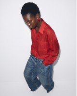 Oversized Sheer Button-Up Shirt red