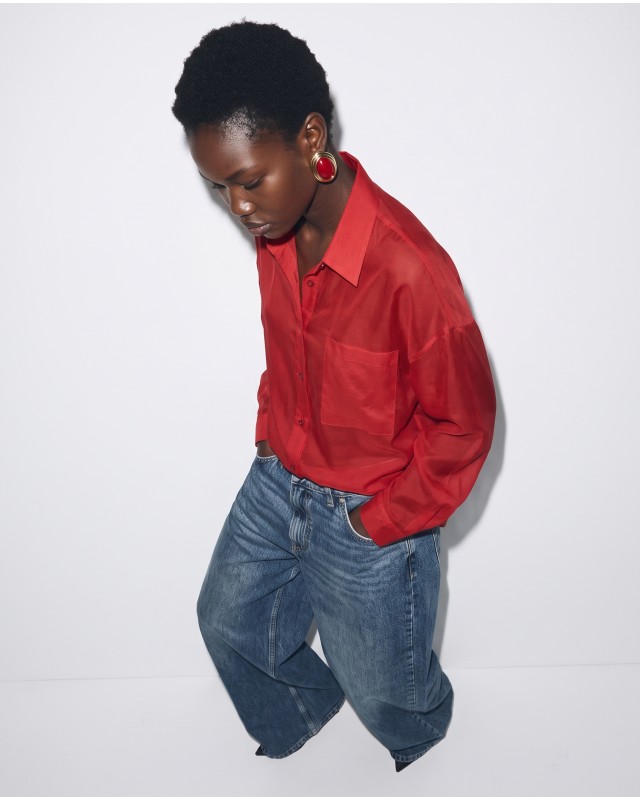 Oversized Sheer Button-Up Shirt red