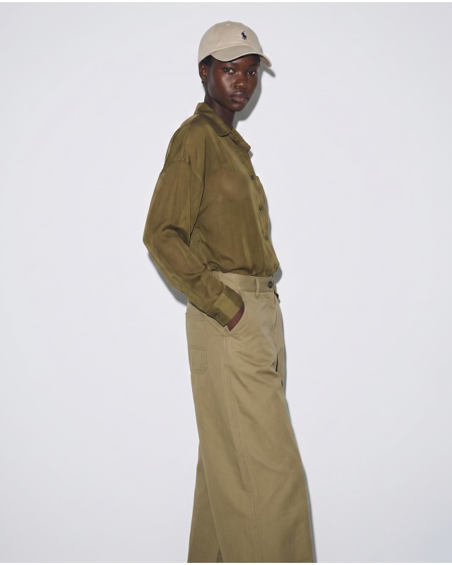 Oversized Sheer Button-Up Shirt olive