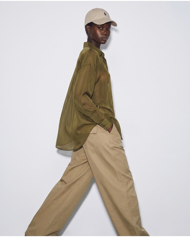 Oversized Sheer Button-Up Shirt olive