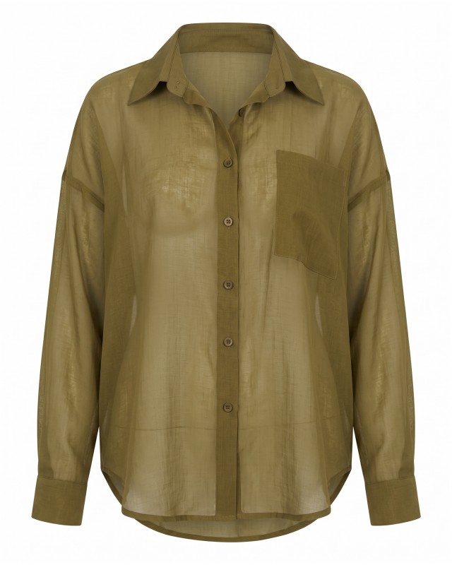 Oversized Sheer Button-Up Shirt olive