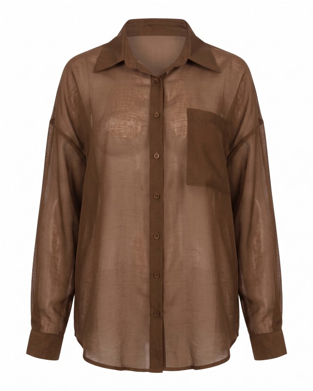 Oversized Sheer Button-Up Shirt brown