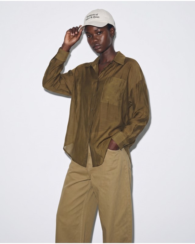 Oversized Sheer Button-Up Shirt olive