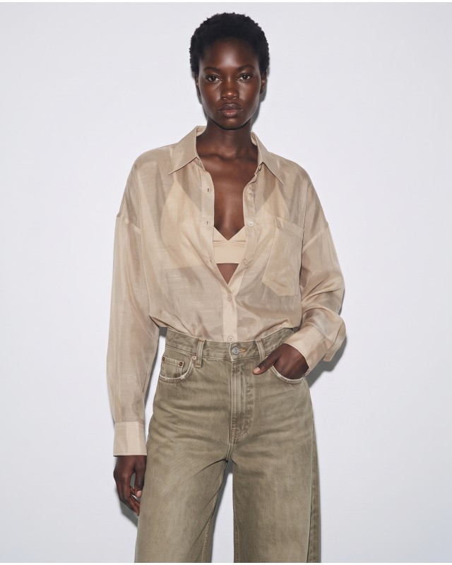 Oversized Sheer Button-Up Shirt beige
