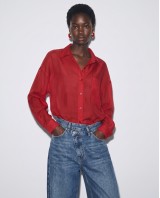 Oversized Sheer Button-Up Shirt red