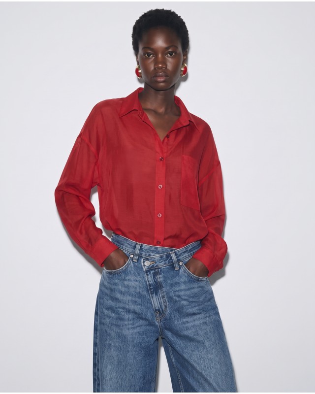 Oversized Sheer Button-Up Shirt red