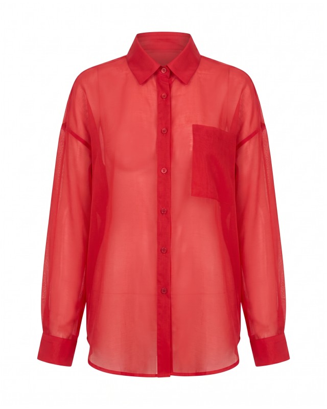 Oversized Sheer Button-Up Shirt red