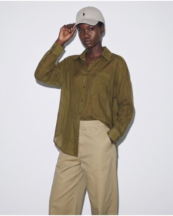 Oversized Sheer Button-Up Shirt red