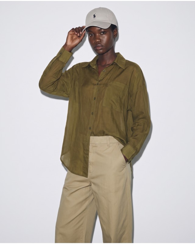 Oversized Sheer Button-Up Shirt olive