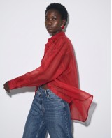 Oversized Sheer Button-Up Shirt red