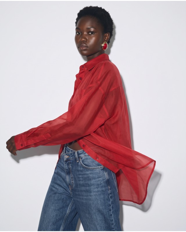 Oversized Sheer Button-Up Shirt red