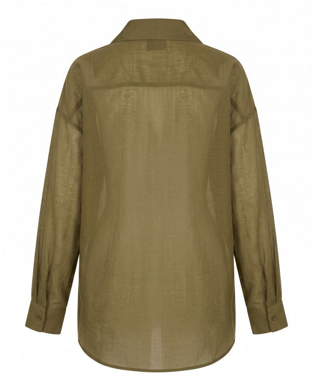 Oversized Sheer Button-Up Shirt olive