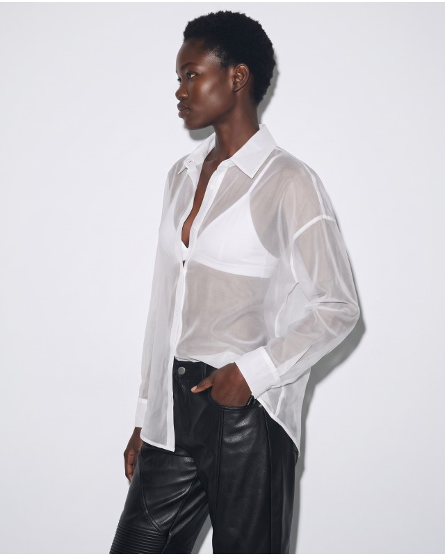 Oversized Sheer Button-Up Shirt white