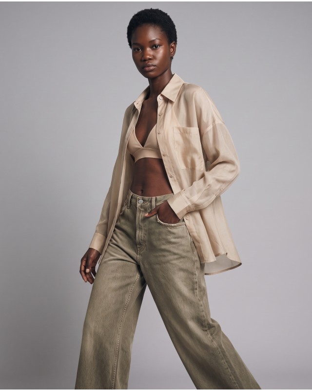 Oversized Sheer Button-Up Shirt beige
