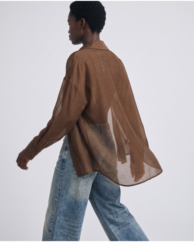 Oversized Sheer Button-Up Shirt brown
