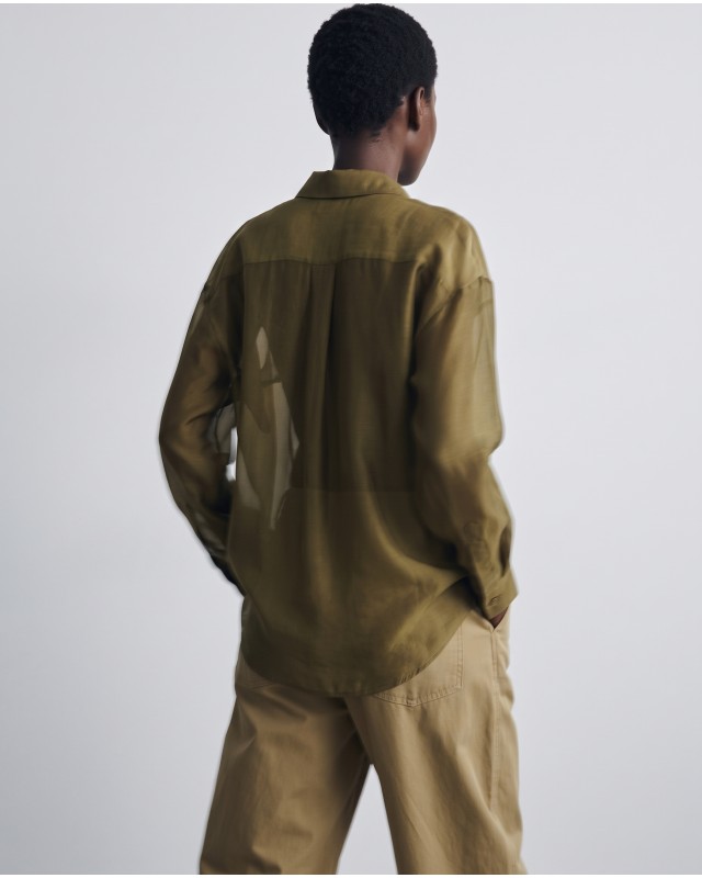 Oversized Sheer Button-Up Shirt olive