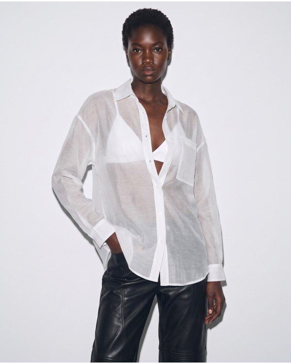 Oversized Sheer Button-Up Shirt red