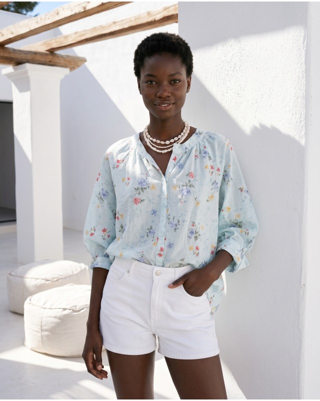 Floral Print Ruffled shirt light blue