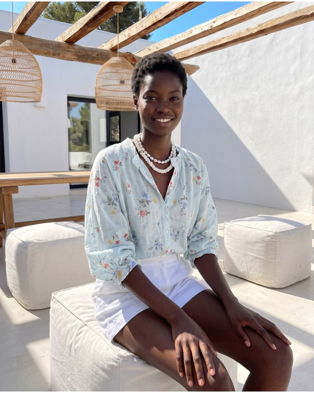 Floral Print Ruffled shirt light blue
