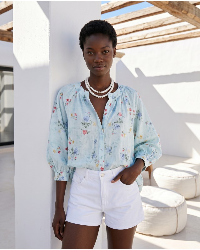 Floral Print Ruffled shirt light blue