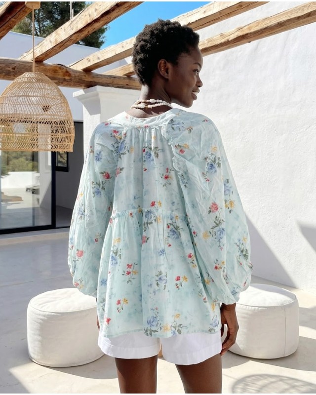 Floral Print Ruffled shirt light blue