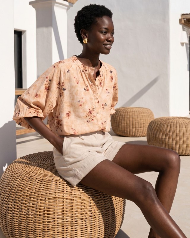 Floral Print Ruffled shirt beige