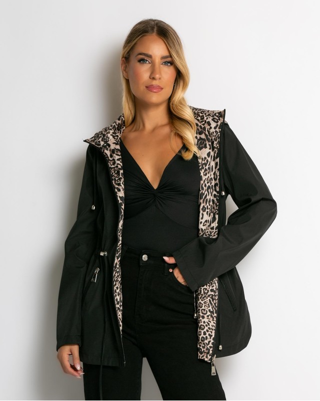 Μπουφάν double face με λάστιχο στη μέση leopard μαύρο