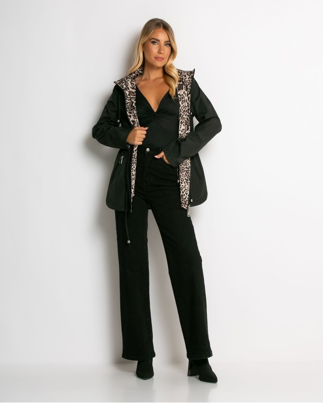 Μπουφάν double face με λάστιχο στη μέση leopard μαύρο