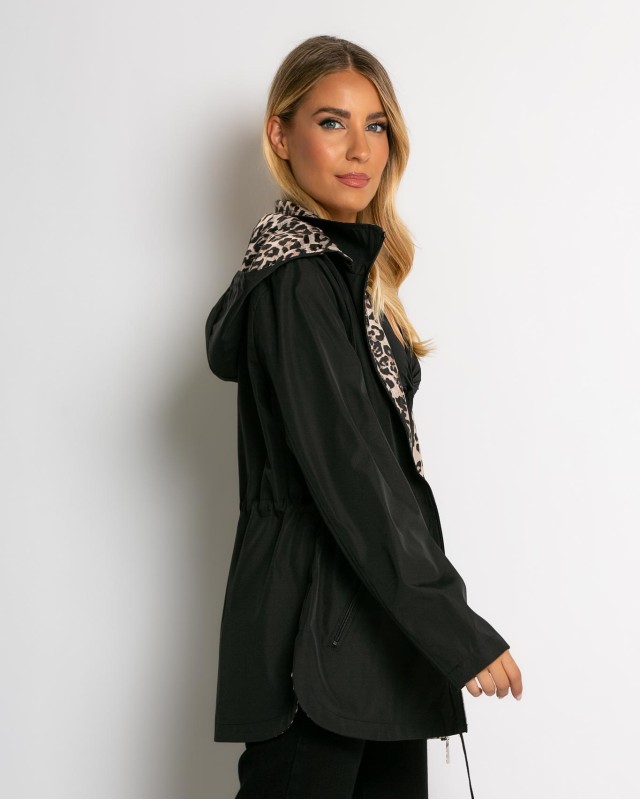 Μπουφάν double face με λάστιχο στη μέση leopard μαύρο