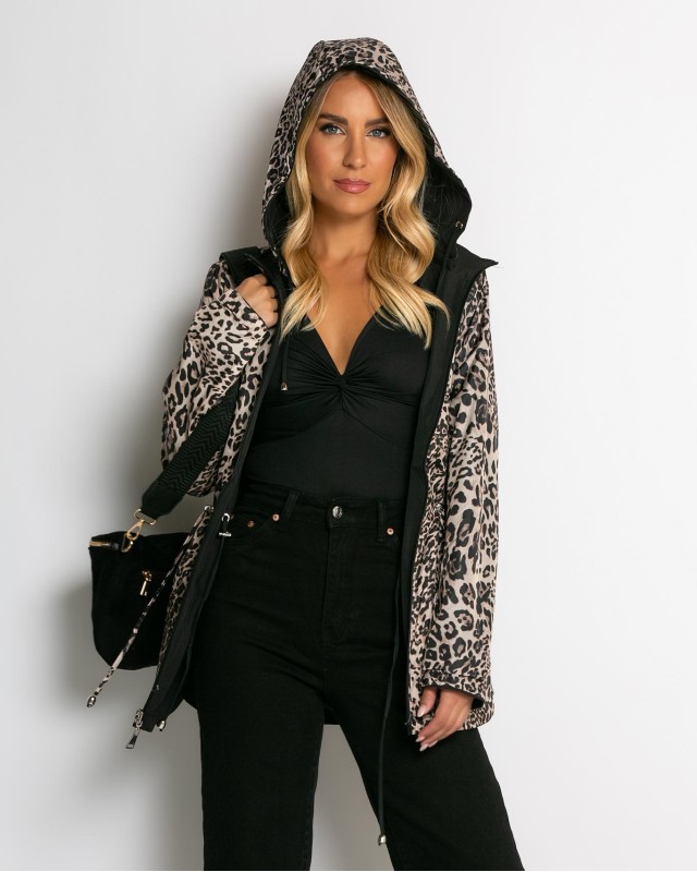 Μπουφάν double face με λάστιχο στη μέση leopard μαύρο