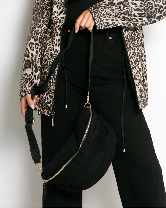 Μπουφάν double face με λάστιχο στη μέση leopard μαύρο