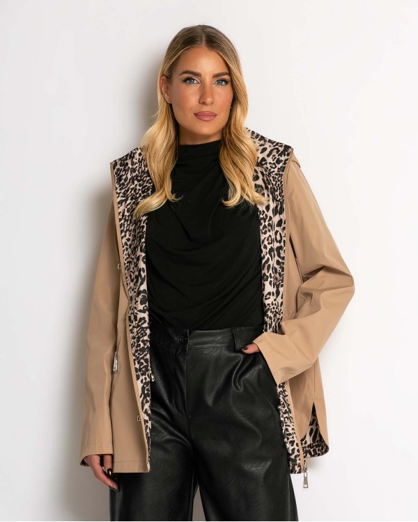 Μπουφάν double face με λάστιχο στη μέση leopard μαύρο