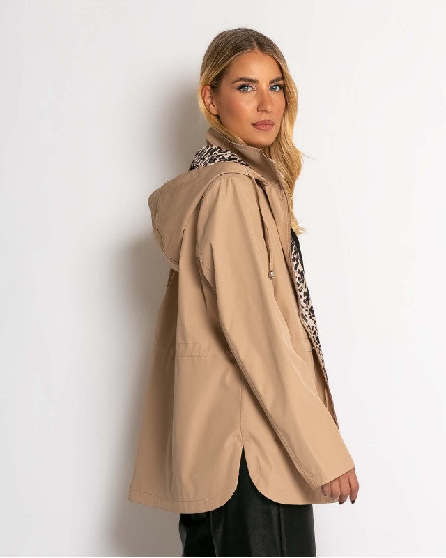 Μπουφάν double face με λάστιχο στη μέση leopard μπεζ