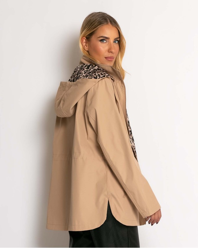 Μπουφάν double face με λάστιχο στη μέση leopard μπεζ