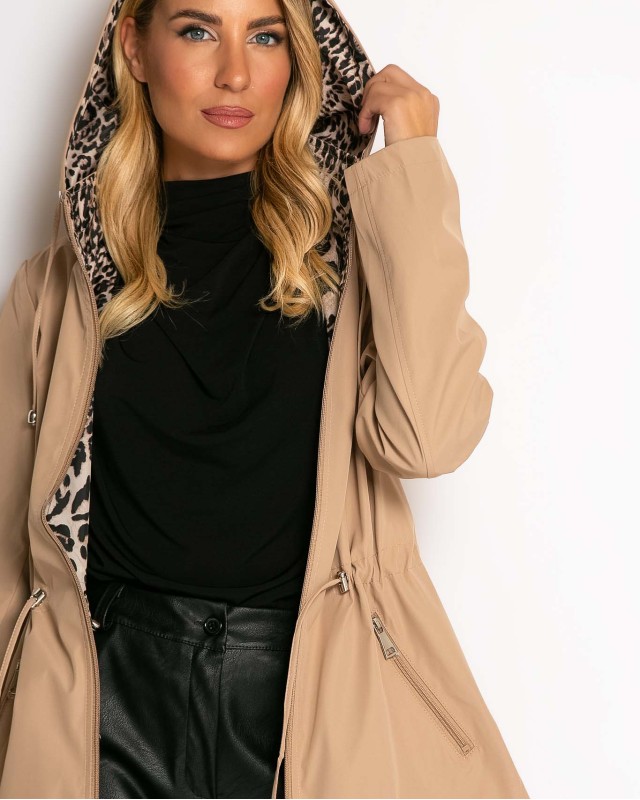 Μπουφάν double face με λάστιχο στη μέση leopard μπεζ