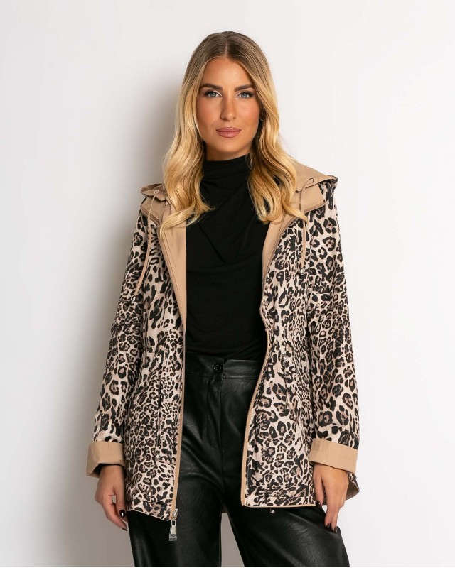 Μπουφάν double face με λάστιχο στη μέση leopard μπεζ