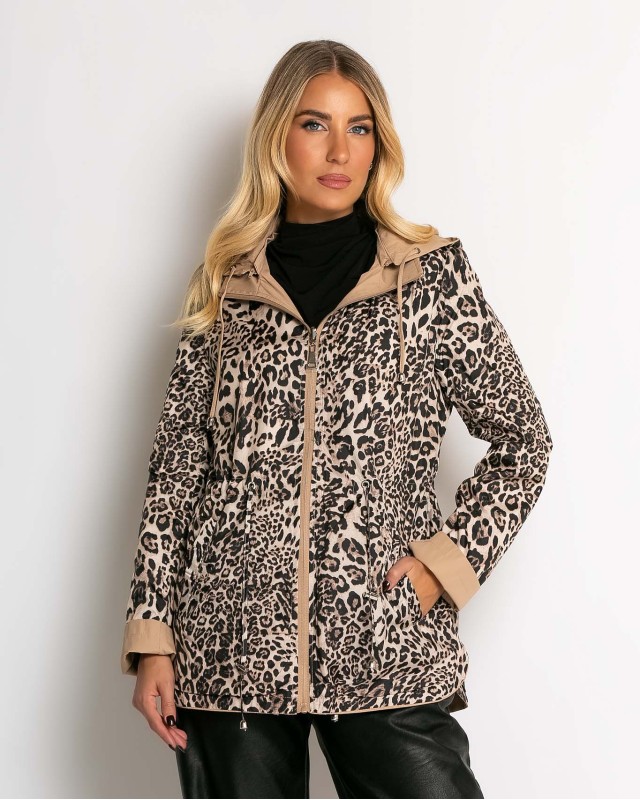 Μπουφάν double face με λάστιχο στη μέση leopard μπεζ