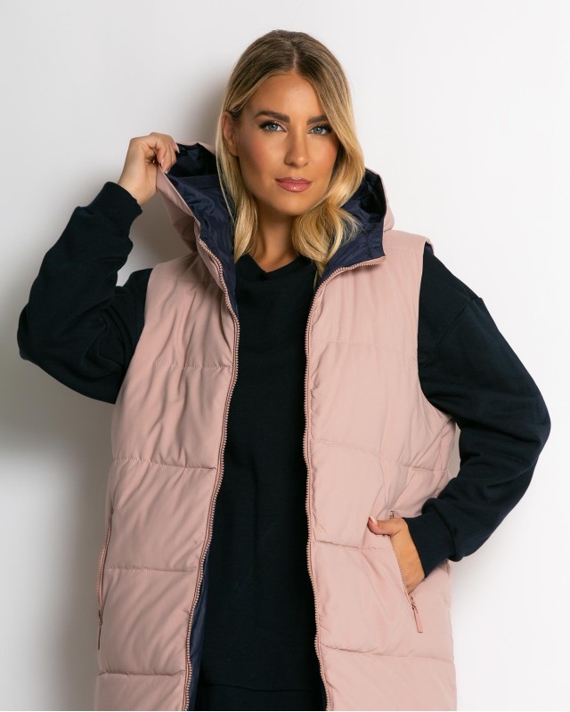 Μπουφάν αμάνικο μακρύ double face ροζ-navy