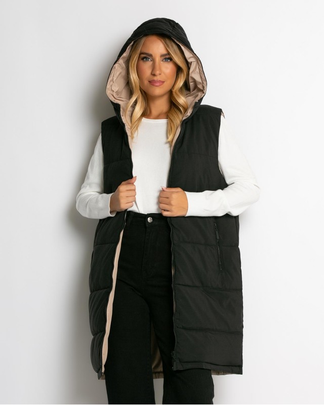 Μπουφάν αμάνικο μακρύ double face μαύρο-μπεζ