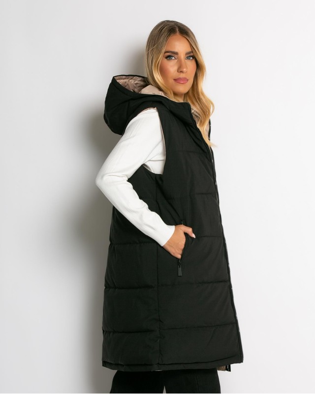 Μπουφάν αμάνικο μακρύ double face μαύρο-μπεζ