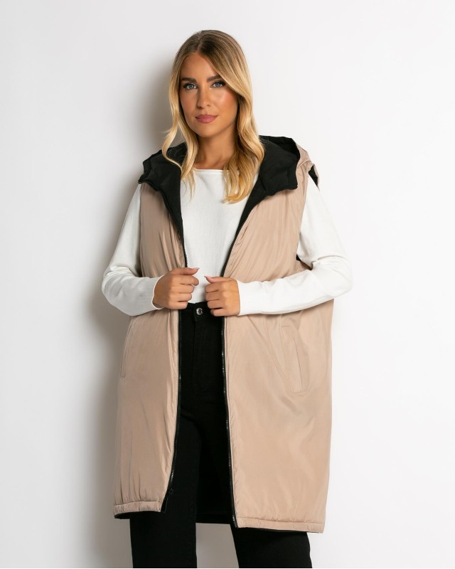 Μπουφάν αμάνικο μακρύ double face μαύρο-μπεζ