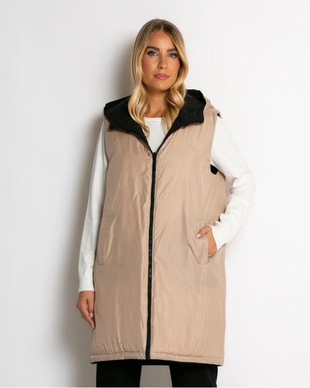 Μπουφάν αμάνικο μακρύ double face μαύρο-μπεζ