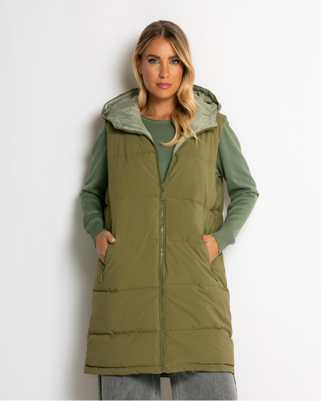 Μπουφάν αμάνικο μακρύ double face χακί-μέντα