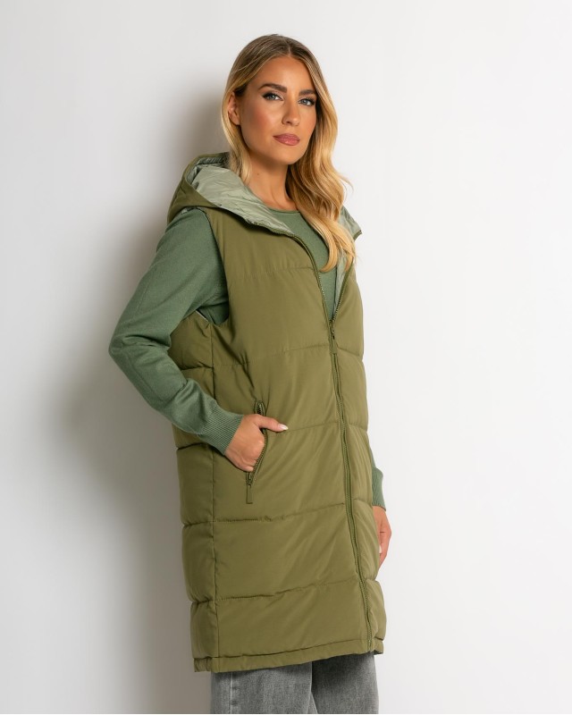 Μπουφάν αμάνικο μακρύ double face χακί-μέντα