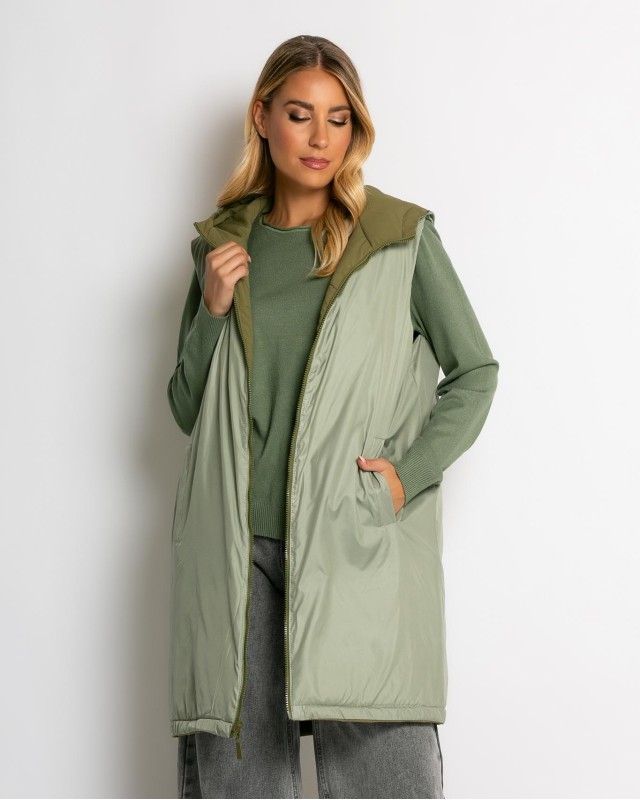 Μπουφάν αμάνικο μακρύ double face χακί-μέντα