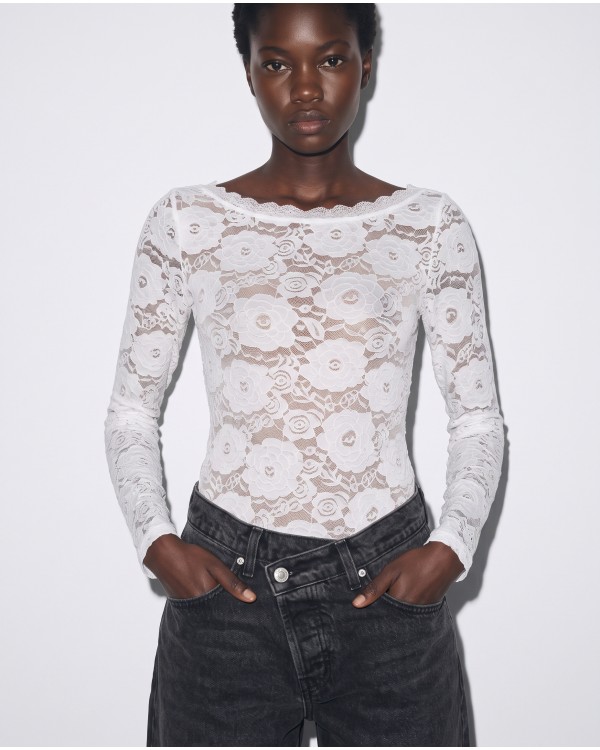 Floral Lace Bodysuit με Λαιμόκοψη Χαμόγελο black